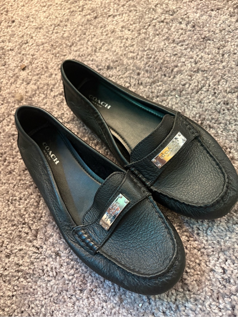 Coach Black Pebbled Leather Fredrica Women's Loafers with Silver Plaque